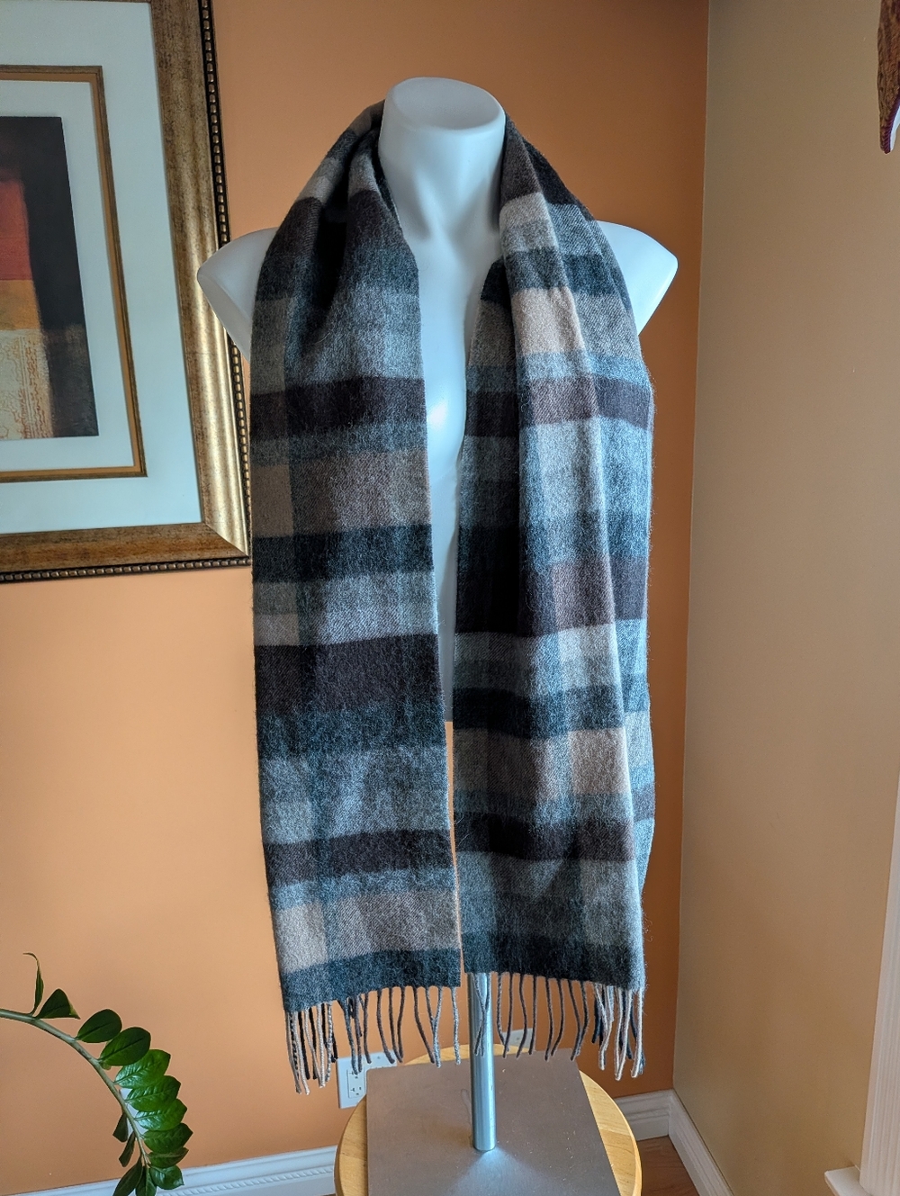 Men's Plaid Fringe Scarf - Gray, Brown, Black 66” x 12” inches